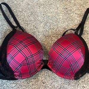 Victoria’s Secret 34C Very Sexy Red Plaid Strappy Lace Push Up Bra